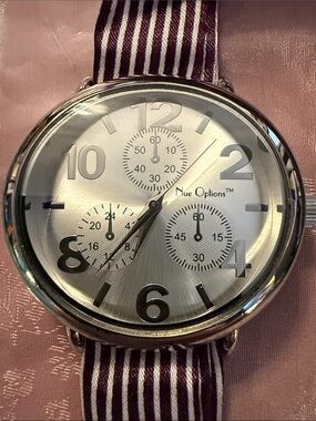 Nue Options Silver Dial Watch with Burgundy & White Striped Strap